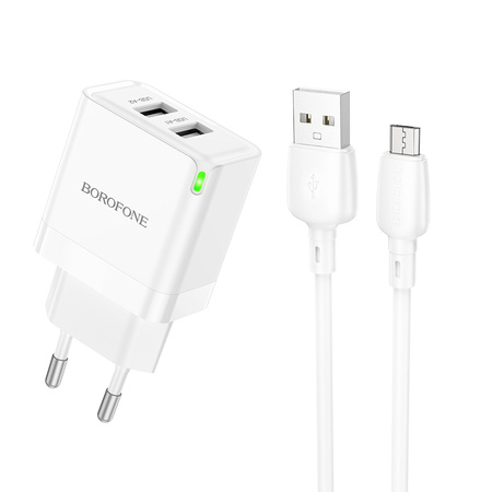 Borofone Ładowarka sieciowa BN15 Strong - 2xUSB - 2,1A z kablem USB na Micro USB biała