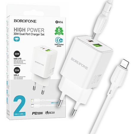 Borofone Ładowarka sieciowa BN14 Royal GaN - USB + Typ C - QC 3,0 PD 30W z kablem Typ C na Lightning biała