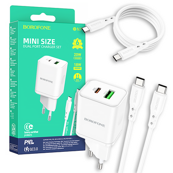 Borofone Ładowarka sieciowa BN7 - USB + Typ C - QC 3,0 PD 20W z kablem Typ C na Typ C biała