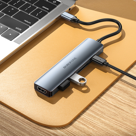 Borofone Adapter DH15 Buddy 6 w 1 - Typ C na HDMI + Typ C + USB 3,0 + USB 3,0 + SD + microSD - PD 100W szary
