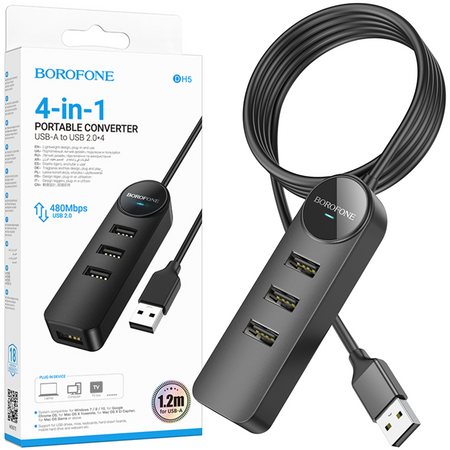 Borofone Adapter DH5 Erudite 4 w 1 - USB na 4xUSB 2,0 - 1,2 metra czarny