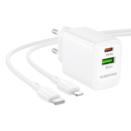 Borofone Netzladegerät BN29 Fuente - USB + Typ C - QC 3.0 PD 30W mit Kabel Typ C auf Lightning weiß