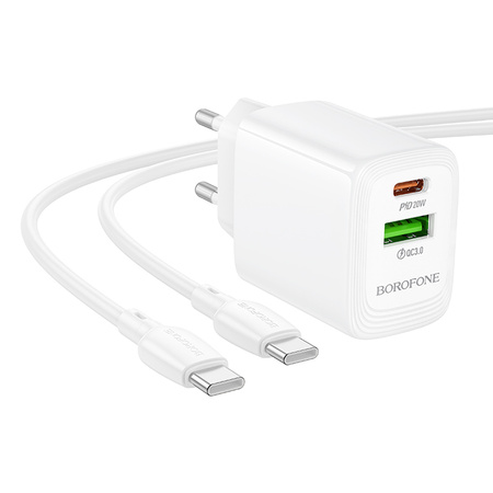 Borofone Netzladegerät BN27 Fuente - USB + Typ C - QC 3.0 PD 20W mit Kabel Typ C auf Typ C weiß