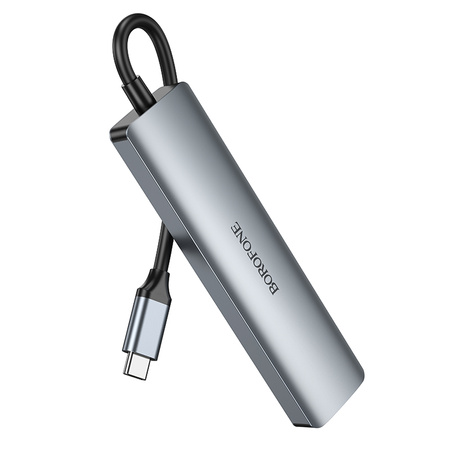 Borofone Adapter DH15 Buddy 6 w 1 - Typ C auf HDMI + Typ C + USB 3.0 + USB 3.0 + SD + microSD - PD 100W grau