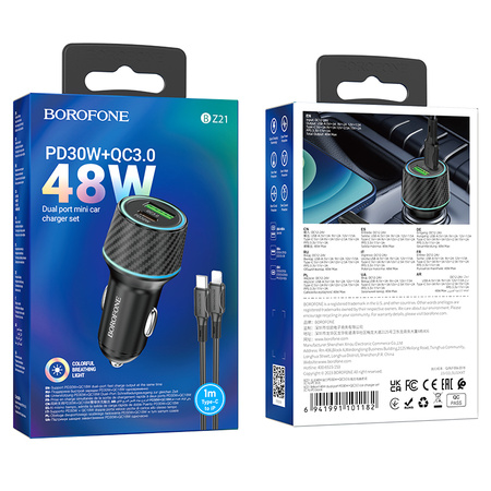 Borofone Ładowarka samochodowa BZ21 Brilliant - USB + Typ C - QC 3,0 PD 48W z kablem Typ C na Lightning czarna