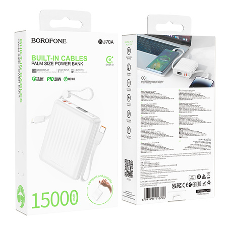 Borofone Power Bank 15000mAh BJ70A Vigorous - USB + Typ C - QC 3.0 PD 20W z kablami Typ C i Lightning biały