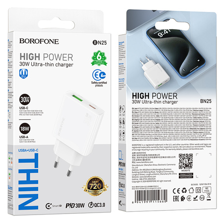 Borofone Ładowarka sieciowa BN25 Wish (Ultra Thin) - USB + Typ C - PD QC 3,0 30W biała