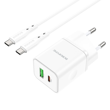 Borofone Netzladegerät BN7 - USB + Typ C - QC 3.0 PD 20W mit Kabel Typ C auf Typ C weiß