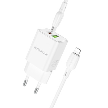 Borofone Netzladegerät BN14 Royal GaN - USB + Typ C - QC 3.0 PD 30W mit Kabel Typ C auf Lightning weiß
