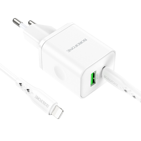 Borofone Ładowarka sieciowa BN7 - USB + Typ C - QC 3,0 PD 20W z kablem Typ C na Lightning biała