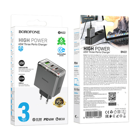 Borofone Ładowarka sieciowa BN22 Lena GaN - 2xTyp C + USB - QC 3.0 PD 65W szara