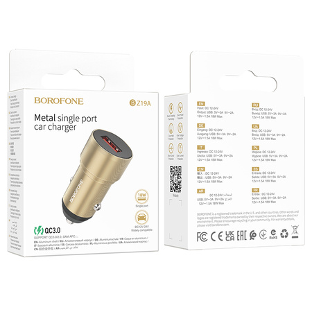 Borofone Ładowarka samochodowa BZ19A Wisdom - USB - QC 3,0 18W złota
