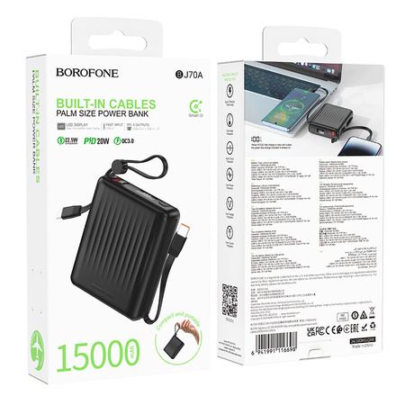 Borofone Power Bank 15000mAh BJ70A Vigorous - USB + Typ C - QC 3.0 PD 20W z kablami Typ C i Lightning czarny