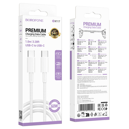 Borofone Kabel BX117 Source - Typ C na Typ C - PD 60W 3A 1 metr biały