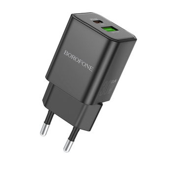 Borofone Netzladegerät BN14 Royal GaN - USB + Typ C - QC 3.0 PD 30W schwarz