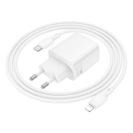 Borofone Ładowarka sieciowa BN27 Fuente - USB + Typ C - QC 3.0 PD 20W z kablem Typ C na Lightning biała