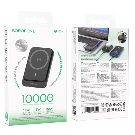 Borofone Power Bank 10000mAh BJ63A Nimble - Typ C - PD 20W magnetyczny z ładowaniem indukcyjnym czarny