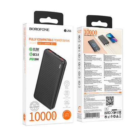 Borofone Power Bank 10000mAh BJ56 Graceful - 2xUSB + Typ C - QC 3.0 22,5W + PD 20W czarny