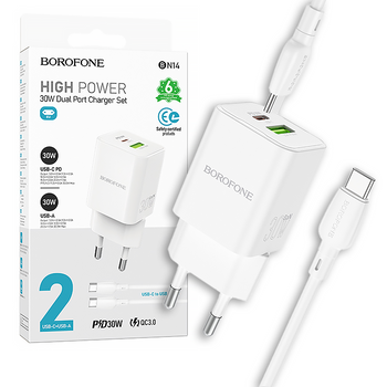 Borofone Ładowarka sieciowa BN14 Royal GaN - USB + Typ C - QC 3,0 PD 30W z kablem Typ C na Typ C biała