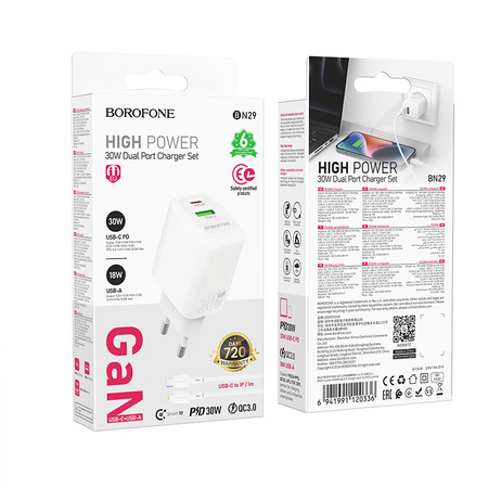 Borofone Ładowarka sieciowa BN29 Fuente - USB + Typ C - QC 3.0 PD 30W z kablem Typ C na Lightning biała