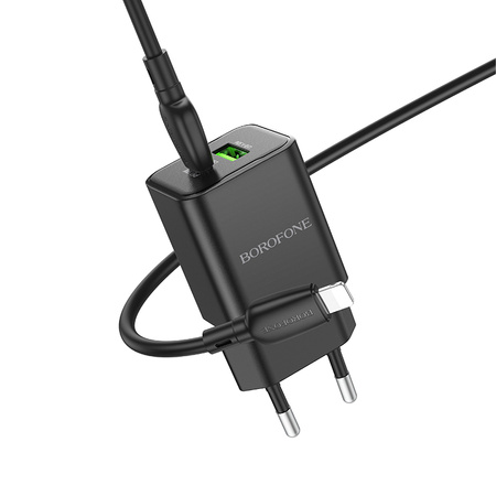 Borofone Netzladegerät BN14 Royal GaN - USB + Typ C - QC 3.0 PD 30W mit Kabel Typ C auf Lightning schwarz