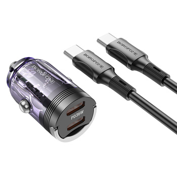 Borofone Kfz-Ladegerät BZ29B Outstanding - 2×Typ C - PD 36W 3A mit Kabel Typ C auf Lightning transparent-violett