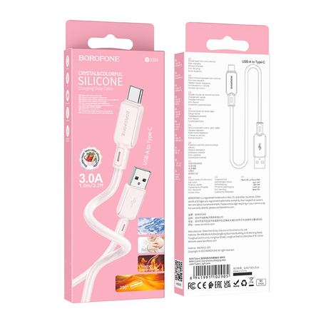Borofone Kabel BX94 Crystal color - USB na Typ C - 3A 1 metr jasnoróżowy