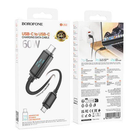 Borofone Kabel BU53 Meteor - Typ C na Typ C - 60W 3A 1,2 metra czarny