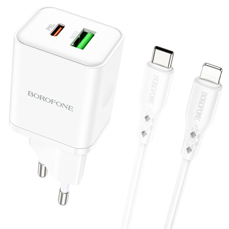 Borofone Ładowarka sieciowa BN7 - USB + Typ C - QC 3,0 PD 20W z kablem Typ C na Lightning biała