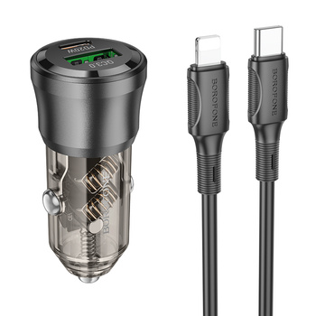 Borofone Ładowarka samochodowa BZ25 Journey - USB + Typ C - PD 38W 3A z kablem Typ C na Lightning czarna
