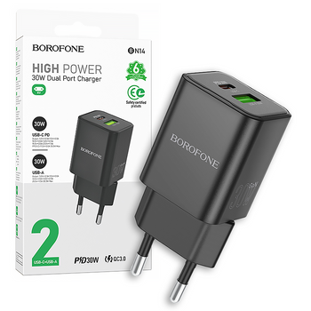Borofone Ładowarka sieciowa BN14 Royal GaN - USB + Typ C - QC 3,0 PD 30W czarna