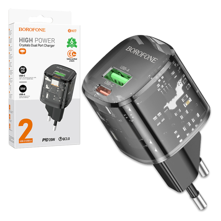 Borofone Ładowarka sieciowa BN17 Sunlight - USB + Typ C - QC 3,0 PD 20W 3A czarna