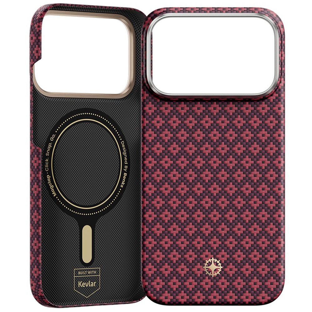 Twój iPhone 18 Pro i 17 Pro w etui z oryginalnego włókna Kevlar (R): ultralekkie, wytrzymałe i w głębokim, burgundowym kolorze.