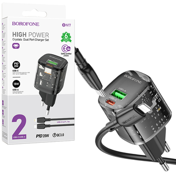 Borofone Ładowarka sieciowa BN17 Sunlight - USB + Typ C - QC 3,0 PD 20W 3A z kablem Typ C na Lightning czarna