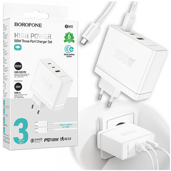 Borofone Ładowarka sieciowa BN11 Imperial - USB + 2xTyp C - QC 3,0 PD 100W z kablem Typ C na Typ C biała