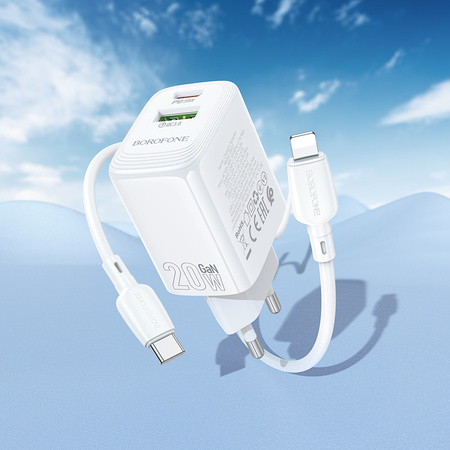 Borofone Ładowarka sieciowa BN27 Fuente - USB + Typ C - QC 3.0 PD 20W z kablem Typ C na Lightning biała
