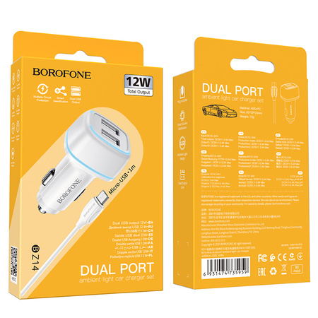 Borofone Ładowarka samochodowa BZ14 Max - 2xUSB - 2,4A z kablem USB na Micro USB biała