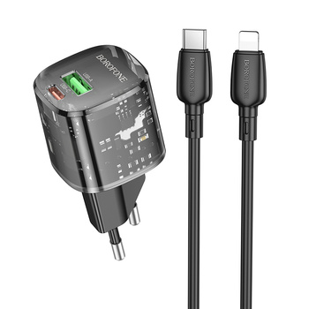 Borofone Netzladegerät BN17 Sunlight - USB + Typ C -  QC 3.0 PD 20W 3A mit Kabel Typ C auf Lightning schwarz
