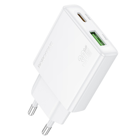 Borofone Ładowarka sieciowa BN25 Wish (Ultra Thin) - USB + Typ C - PD QC 3,0 30W biała