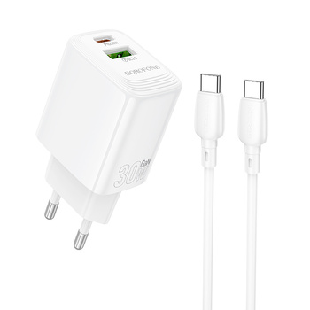 Borofone Netzladegerät BN29 Fuente - USB + Typ C - QC 3.0 PD 30W mit Kabel Typ C auf Typ C weiß