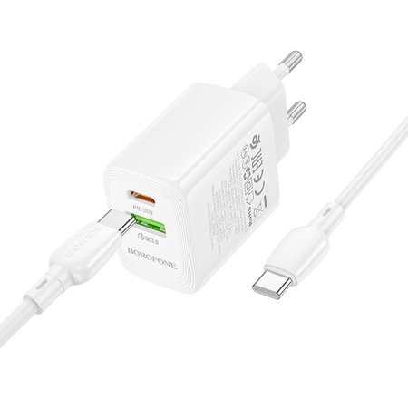 Borofone Ładowarka sieciowa BN27 Fuente - USB + Typ C - QC 3.0 PD 20W z kablem Typ C na Typ C biała