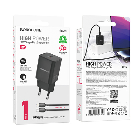 Borofone Netzladegerät BN13 Safety GaN - Typ C - PD 30W mit Kabel Typ C auf Lightning schwarz