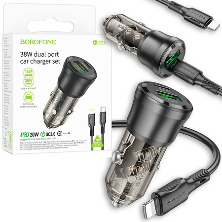 Borofone Ładowarka samochodowa BZ25 Journey - USB + Typ C - PD 38W 3A z kablem Typ C na Lightning czarna