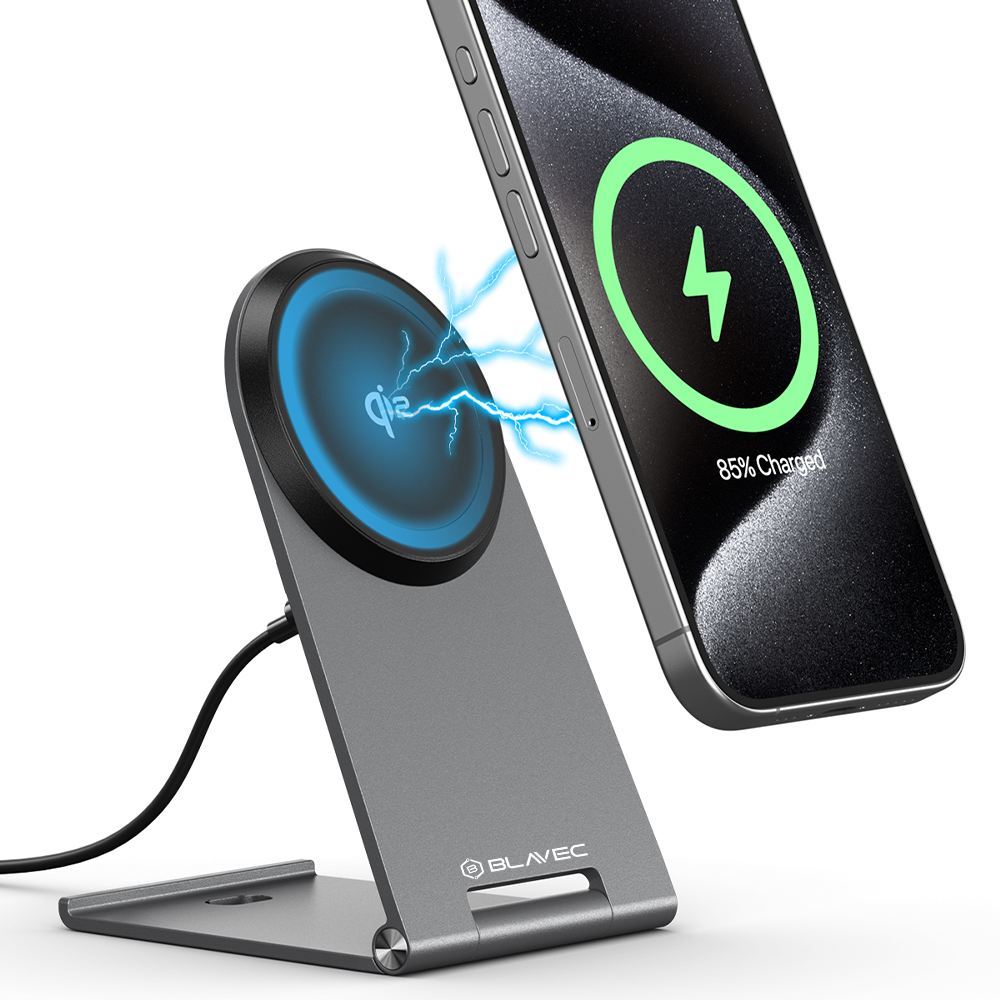 Blavec Induktives Ladegerät BQI-01 Qi2 15W magnetisch kompatibel mit MagSafe + Raptor-Kabel Typ C auf Typ C (BQI01-QI2MS) silber