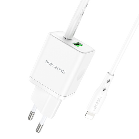 Borofone Ładowarka sieciowa BN7 - USB + Typ C - QC 3,0 PD 20W z kablem Typ C na Lightning biała