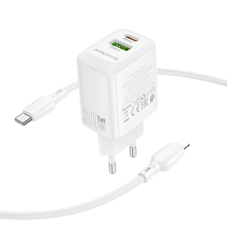 Borofone Ładowarka sieciowa BN29 Fuente - USB + Typ C - QC 3.0 PD 30W z kablem Typ C na Lightning biała
