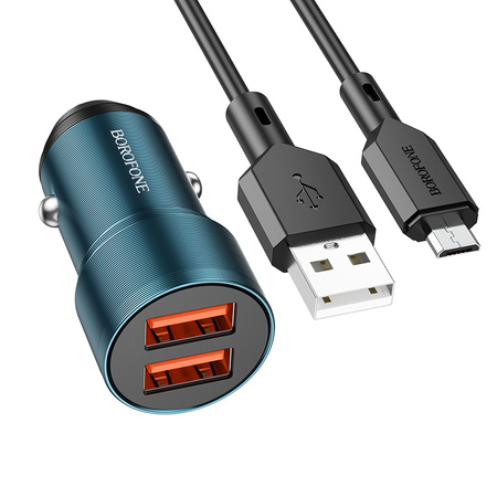 Borofone Ładowarka samochodowa BZ19 Wisdom - 2xUSB - 12W z kablem USB na Micro USB niebieska