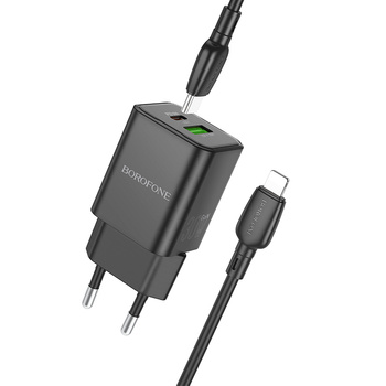 Borofone Netzladegerät BN14 Royal GaN - USB + Typ C - QC 3.0 PD 30W mit Kabel Typ C auf Lightning schwarz