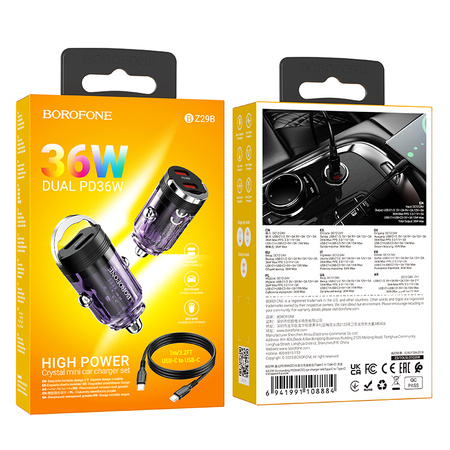 Borofone Kfz-Ladegerät BZ29B Outstanding - 2×Typ C - PD 36W 3A mit Kabel Typ C auf Lightning transparent-violett