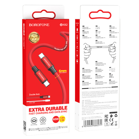 Borofone Kabel BX82 Bountiful - Typ C na Typ C - 60W 3A 1 metr czerwony